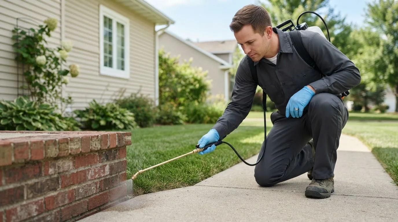 Pest control technician treating a home near Vera, OK